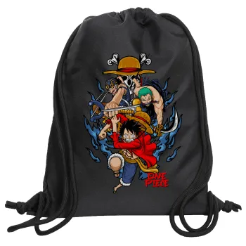 One Piece, Τσάντα πλάτης πουγκί GYMBAG Μαύρη, με τσέπη (40x48cm) & χονδρά κορδόνια