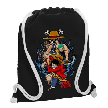 One Piece, Τσάντα πλάτης πουγκί GYMBAG Μαύρη, με τσέπη (40x48cm) & χονδρά λευκά κορδόνια