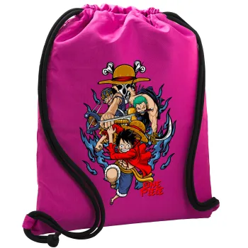 One Piece, Τσάντα πλάτης πουγκί GYMBAG Φούξια, με τσέπη (40x48cm) & χονδρά κορδόνια