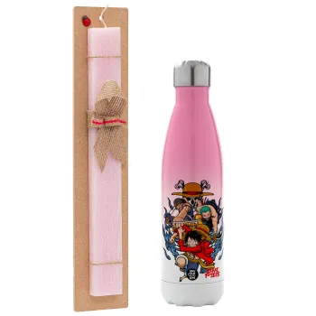 One Piece, Easter Set, Metallic pink/white (Stainless steel) thermos, double-walled, 500ml & aromatic flat Easter candle (30cm) (PINK)