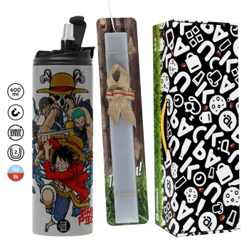 One Piece, Πασχαλινή Λαμπάδα με Travel Tumbler θερμό (600ml, BPA free) & κερί αρωματικό πλακέ (30cm) (ΓΚΡΙ)