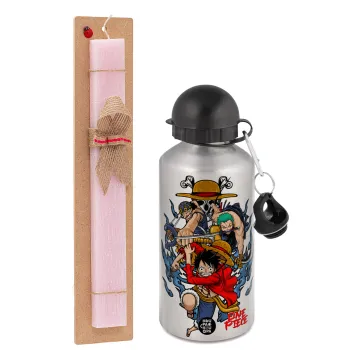 One Piece, Easter Set, metallic Silver aluminum water bottle (500ml) & scented flat Easter candle (30cm) (PINK)