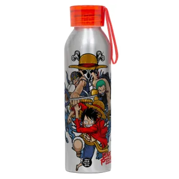 One Piece, Αλουμινένιο Αθλητικό Μπουκάλι 650ml – Ασημί με Κόκκινο Καπάκι και Λουράκι Σιλικόνης