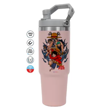 One Piece, ΡΟΖ χρώματος Θερμός Ανοξείδωτο 890ml (30oz) με χερούλι