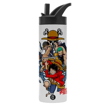 One Piece, Μεταλλικό παγούρι θερμός με καλαμάκι & χειρολαβή, ανοξείδωτο ατσάλι (Stainless steel 304), διπλού τοιχώματος, 600ml