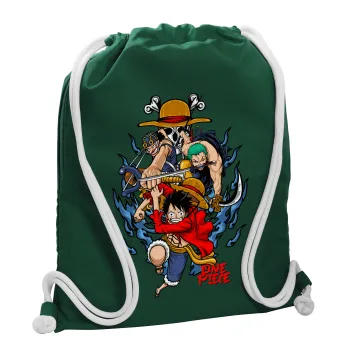 One Piece, Τσάντα πλάτης πουγκί GYMBAG BOTTLE GREEN, με τσέπη (40x48cm) & χονδρά λευκά κορδόνια
