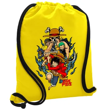 One Piece, Τσάντα πλάτης πουγκί GYMBAG Κίτρινη, με τσέπη (40x48cm) & χονδρά κορδόνια