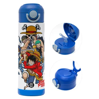 One Piece, Children's hot water bottle, stainless steel, with safety straw, BLUE (500ml)