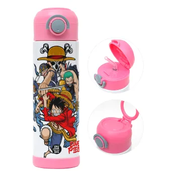 One Piece, Παιδικό παγούρι θερμό, ανοξείδωτο, με καλαμάκι ασφαλείας, ΡΟΖ (500ml)