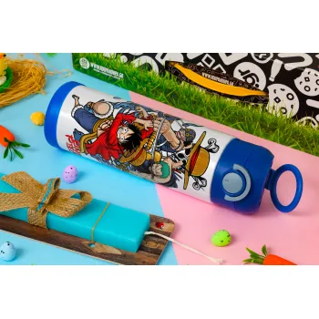 One Piece, Easter candle, Childrens hot water bottle, stainless steel, with safety straw, BLUE (500ml)