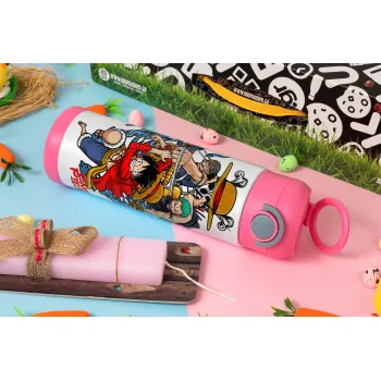 One Piece, Πασχαλινή Λαμπάδα με Παιδικό παγούρι θερμό, ανοξείδωτο, με καλαμάκι ασφαλείας, ΡΟΖ (500ml)