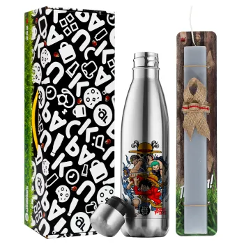 One Piece, Easter Set, metallic stainless thermos flask (500ml) & scented flat Easter candle (30cm) (GRAY)