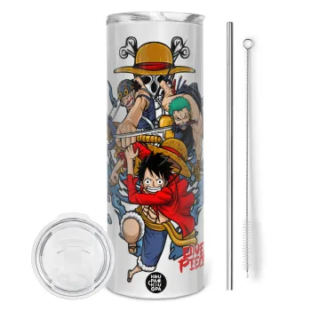 One Piece, Tumbler ποτήρι θερμό από ανοξείδωτο ατσάλι 600ml, με μεταλλικό καλαμάκι & βούρτσα καθαρισμού