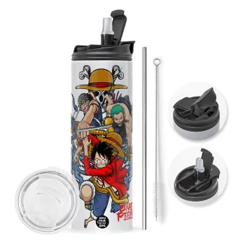 One Piece, Travel Tumbler θερμό με διπλό καπάκι, μεταλλικό καλαμάκι και βούρτσα καθαρισμού (Ανωξείδωτο 304 Food grade, BPA free, 600ml)