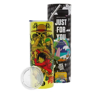 One Piece, Neon Yellow Travel Tumbler θερμό, μεταλλικό καλαμάκι(Ανωξείδωτο 304 Food grade, BPA free, 600ml)