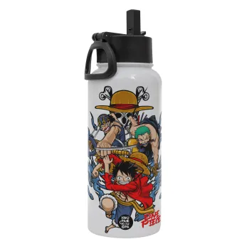 One Piece, Μεταλλικό παγούρι θερμός Λευκό με καλαμάκι και χερούλι (Stainless steel), διπλού τοιχώματος, 950ml