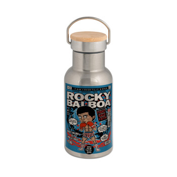 Rocky Balboa, Μεταλλικό παγούρι θερμός (Stainless steel) Ασημένιο με ξύλινο καπακι (bamboo), διπλού τοιχώματος, 350ml