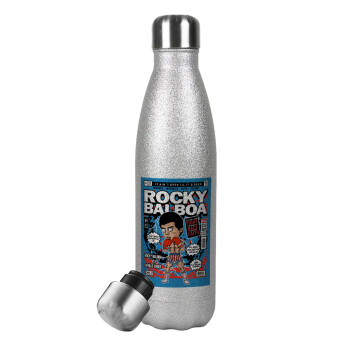Rocky Balboa, Metallic Glitter Silver Thermos Flask (Stainless steel), double-walled, 500ml