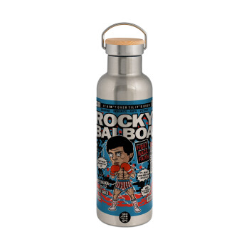 Rocky Balboa, Μεταλλικό παγούρι θερμός (Stainless steel) Ασημένιο με ξύλινο καπακι (bamboo), διπλού τοιχώματος, 750ml
