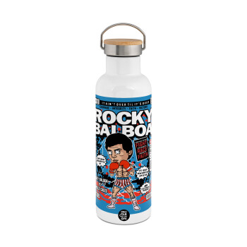Rocky Balboa, Μεταλλικό παγούρι θερμός (Stainless steel) Λευκό με ξύλινο καπάκι (bamboo), διπλού τοιχώματος, 750ml