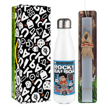 Rocky Balboa, Easter candle, metallic white thermos bottle (500ml) & aromatic flat candle (30cm) (GRAY)