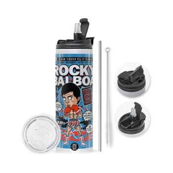 Rocky Balboa, Travel Tumbler 2 Lids, with metal straw & cleaning brush (Stainless steel 304 Food grade, BPA free, 600ml)