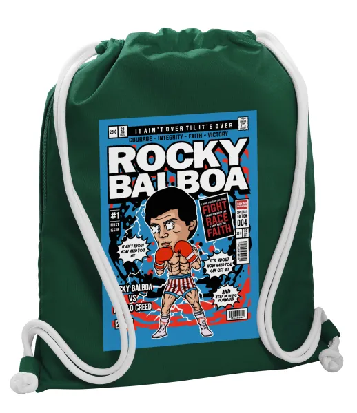 Rocky Balboa — Τσάντα πλάτης πουγκί GYMBAG BOTTLE GREEN, με τσέπη (40x48cm) & χονδρά λευκά κορδόνια