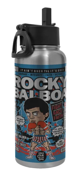 Rocky Balboa — Μεταλλικό παγούρι θερμός Silver με καλαμάκι και χερούλι (Stainless steel), διπλού τοιχώματος, 950ml