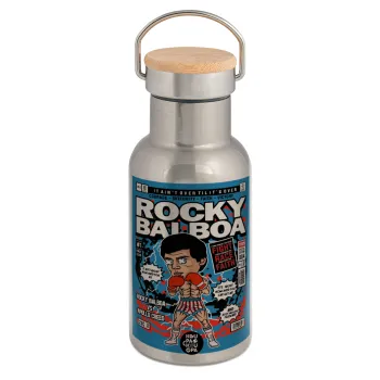 Rocky Balboa, Μεταλλικό παγούρι θερμός (Stainless steel) Ασημένιο με ξύλινο καπακι (bamboo), διπλού τοιχώματος, 350ml