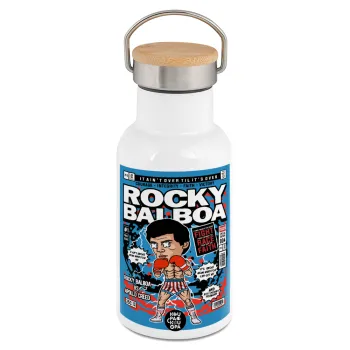 Rocky Balboa, Μεταλλικό παγούρι θερμός (Stainless steel) Λευκό με ξύλινο καπακι (bamboo), διπλού τοιχώματος, 350ml