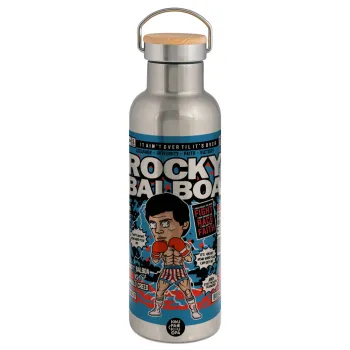 Rocky Balboa, Μεταλλικό παγούρι θερμός (Stainless steel) Ασημένιο με ξύλινο καπακι (bamboo), διπλού τοιχώματος, 750ml