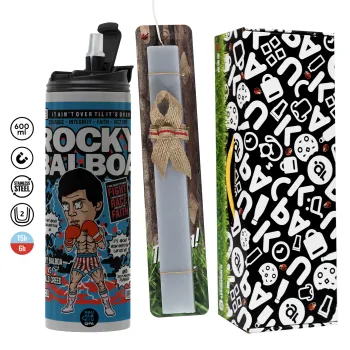 Rocky Balboa, Πασχαλινή Λαμπάδα με Travel Tumbler θερμό (600ml, BPA free) & κερί αρωματικό πλακέ (30cm) (ΓΚΡΙ)