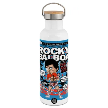 Rocky Balboa, Μεταλλικό παγούρι θερμός (Stainless steel) Λευκό με ξύλινο καπάκι (bamboo), διπλού τοιχώματος, 750ml