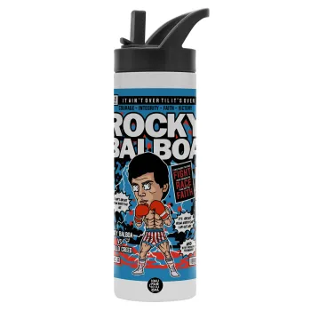 Rocky Balboa, Metallic thermos bottle with straw & handle, stainless steel (Stainless steel 304), double-walled, 600ml.