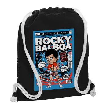 Rocky Balboa, Τσάντα πλάτης πουγκί GYMBAG Μαύρη, με τσέπη (40x48cm) & χονδρά λευκά κορδόνια