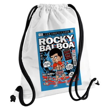 Rocky Balboa, Τσάντα πλάτης πουγκί GYMBAG λευκή, με τσέπη (40x48cm) & χονδρά κορδόνια