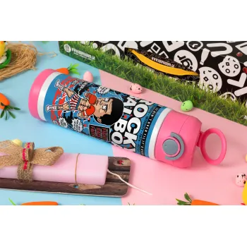 Rocky Balboa, Πασχαλινή Λαμπάδα με Παιδικό παγούρι θερμό, ανοξείδωτο, με καλαμάκι ασφαλείας, ΡΟΖ (500ml)