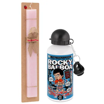 Rocky Balboa, Πασχαλινή Λαμπάδα με παγούρι μεταλλικό αλουμινίου (500ml) & κερί αρωματικό πλακέ (30cm) (ΡΟΖ)