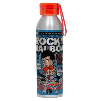 Rocky Balboa, Αλουμινένιο Αθλητικό Μπουκάλι 650ml – Ασημί με Κόκκινο Καπάκι και Λουράκι Σιλικόνης