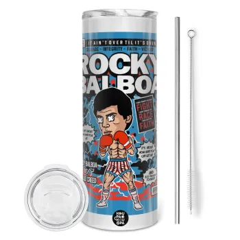 Rocky Balboa, Tumbler ποτήρι θερμό από ανοξείδωτο ατσάλι 600ml, με μεταλλικό καλαμάκι & βούρτσα καθαρισμού