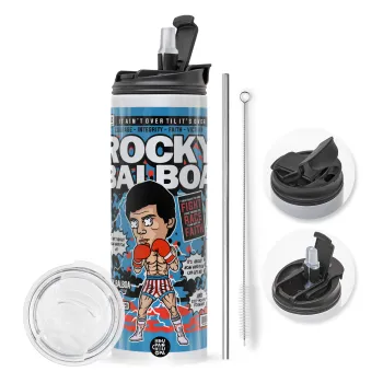 Rocky Balboa, Travel Tumbler θερμό με διπλό καπάκι, μεταλλικό καλαμάκι και βούρτσα καθαρισμού (Ανωξείδωτο 304 Food grade, BPA free, 600ml)