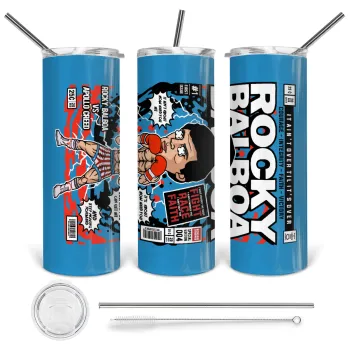 Rocky Balboa, Tumbler ποτήρι θερμό από ανοξείδωτο ατσάλι 600ml, με μεταλλικό καλαμάκι & βούρτσα καθαρισμού