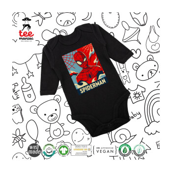 Spiderman kid, Μακρυμάνικο βρεφικό φορμάκι, 0-18 μηνών, ΜΑΥΡΟ, 100% Organic Cotton