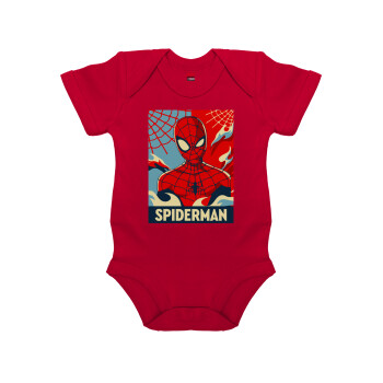 Spiderman kid, Βρεφικό φορμάκι μωρού, ΚΟΚΚΙΝΟ, 100% Organic Cotton, κοντομάνικο