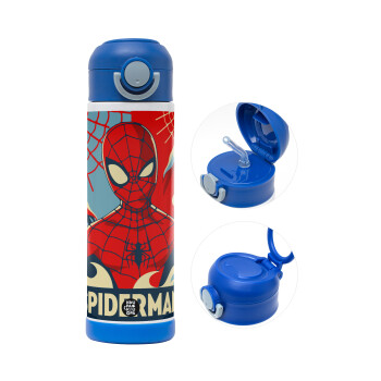 Spiderman kid, Παιδικό παγούρι θερμό, ανοξείδωτο, με καλαμάκι ασφαλείας, ΜΠΛΕ (500ml)
