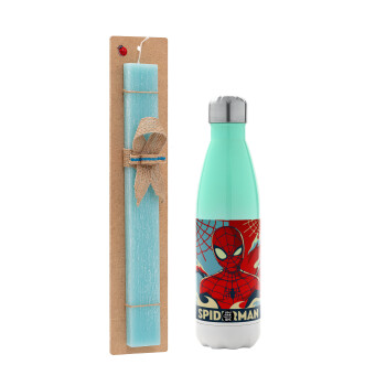 Spiderman kid, Πασχαλινή Λαμπάδα με Μεταλλικό παγούρι θερμός Πράσινο/Λευκό (Stainless steel), διπλού τοιχώματος, 500ml & κερί αρωματικό πλακέ (30cm) (ΤΙΡΚΟΥΑΖ)