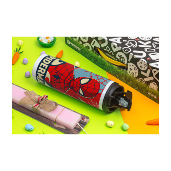 Spiderman kid, Πασχαλινή Λαμπάδα με Travel Tumbler θερμό με διπλό καπάκι (600ml, BPA free) & κερί αρωματικό πλακέ (30cm) (ΡΟΖ)