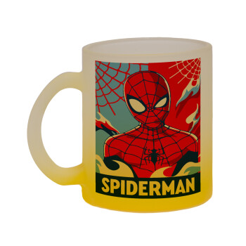 Spiderman kid, Κούπα γυάλινη δίχρωμη με βάση το κίτρινο ματ, 330ml