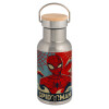 Stainless steel metallic thermos flask, silver with a bamboo lid, double-walled, 350ml.