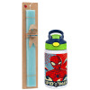 Easter Set, Children's thermal stainless steel bottle with safety straw, green/blue (350ml) & aromatic flat Easter candle (30cm) (TURQUOISE)